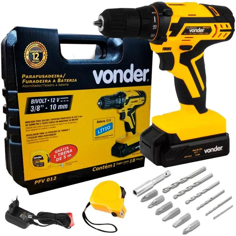 Furadeira e Parafusadeira à Bateria Vonder PFV 012 12V Bivolt com Kit de Brocas e Bits